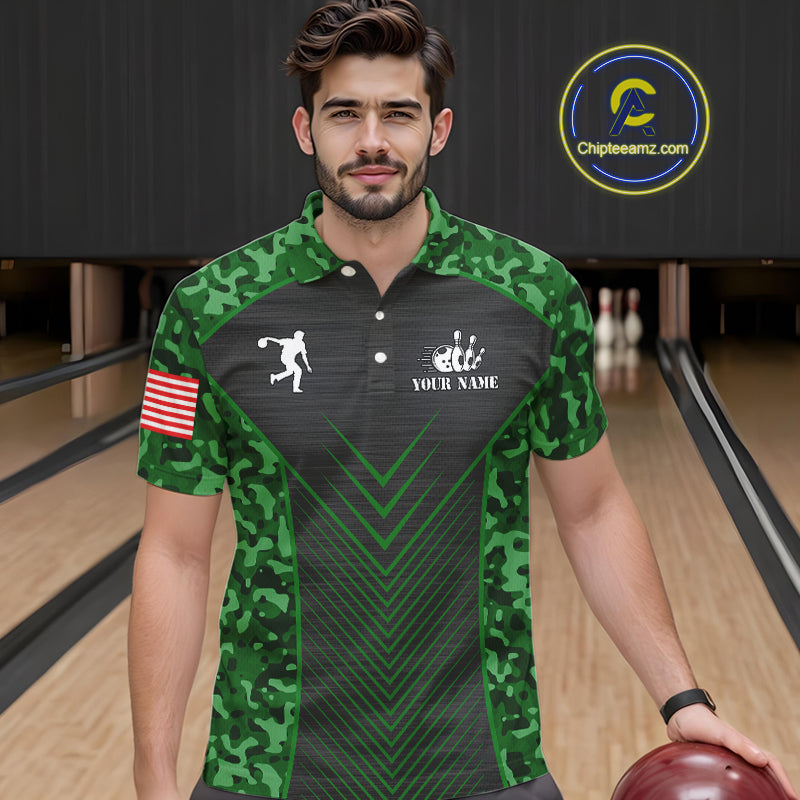 Mens Bowling Polo, Quarter Zip Shirts Custom green camo American flag team bowling League Jerseys NQS11117