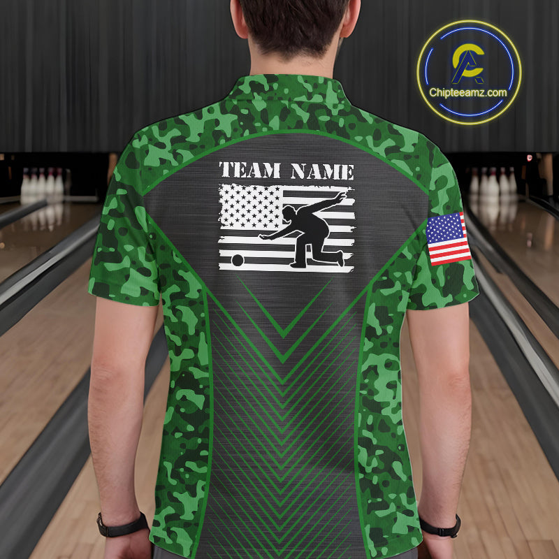 Mens Bowling Polo, Quarter Zip Shirts Custom green camo American flag team bowling League Jerseys NQS11117