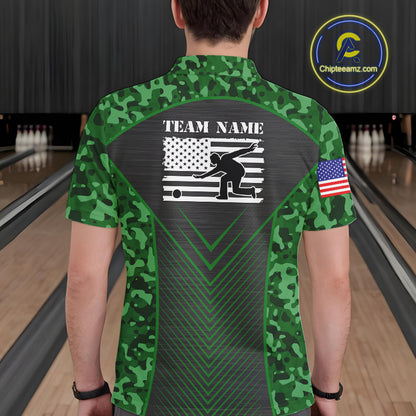 Mens Bowling Polo, Quarter Zip Shirts Custom green camo American flag team bowling League Jerseys NQS11117