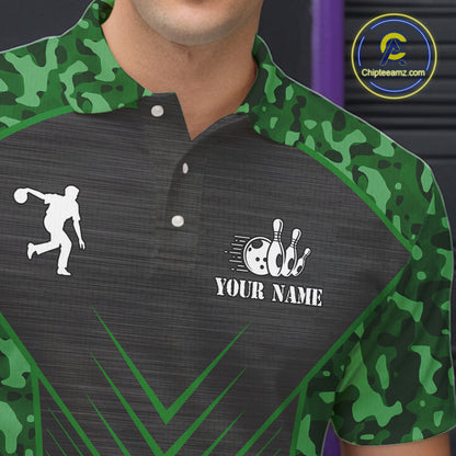 Mens Bowling Polo, Quarter Zip Shirts Custom green camo American flag team bowling League Jerseys NQS11117