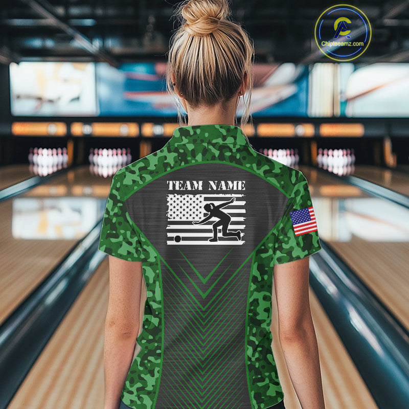 Women Bowling Polo, Quarter Zip Shirts Custom green camo American flag team bowling League Jerseys NQS11117