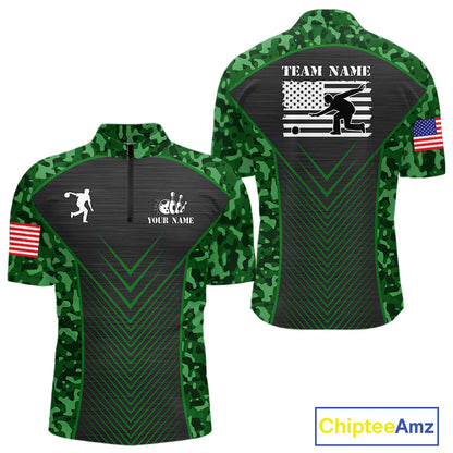 Mens Bowling Polo, Quarter Zip Shirts Custom green camo American flag team bowling League Jerseys NQS11117