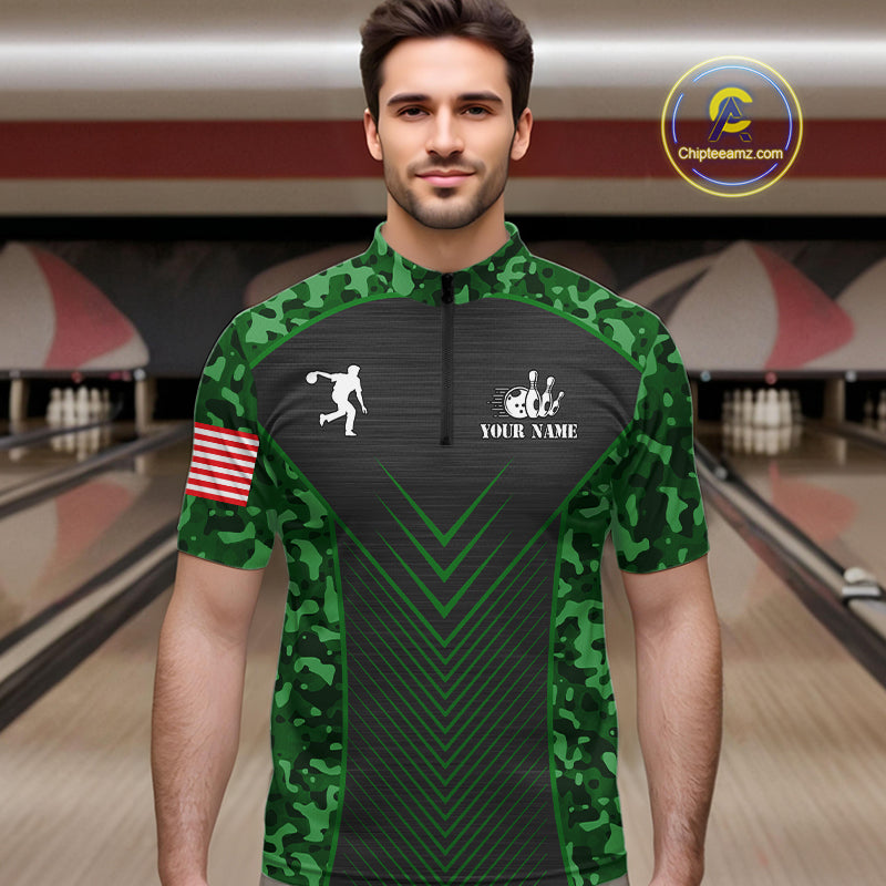 Mens Bowling Polo, Quarter Zip Shirts Custom green camo American flag team bowling League Jerseys NQS11117