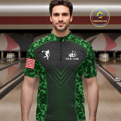 Mens Bowling Polo, Quarter Zip Shirts Custom green camo American flag team bowling League Jerseys NQS11117
