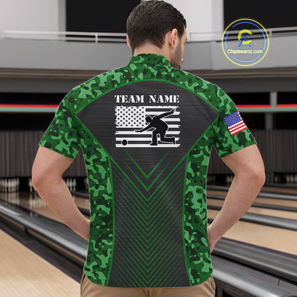 Mens Bowling Polo, Quarter Zip Shirts Custom green camo American flag team bowling League Jerseys NQS11117