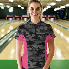 Load image into Gallery viewer, Women bowling polo, 1/4 zip shirts Custom gray camo Bowling Team Jersey, Bowling League Shirt | Pink NQS11118