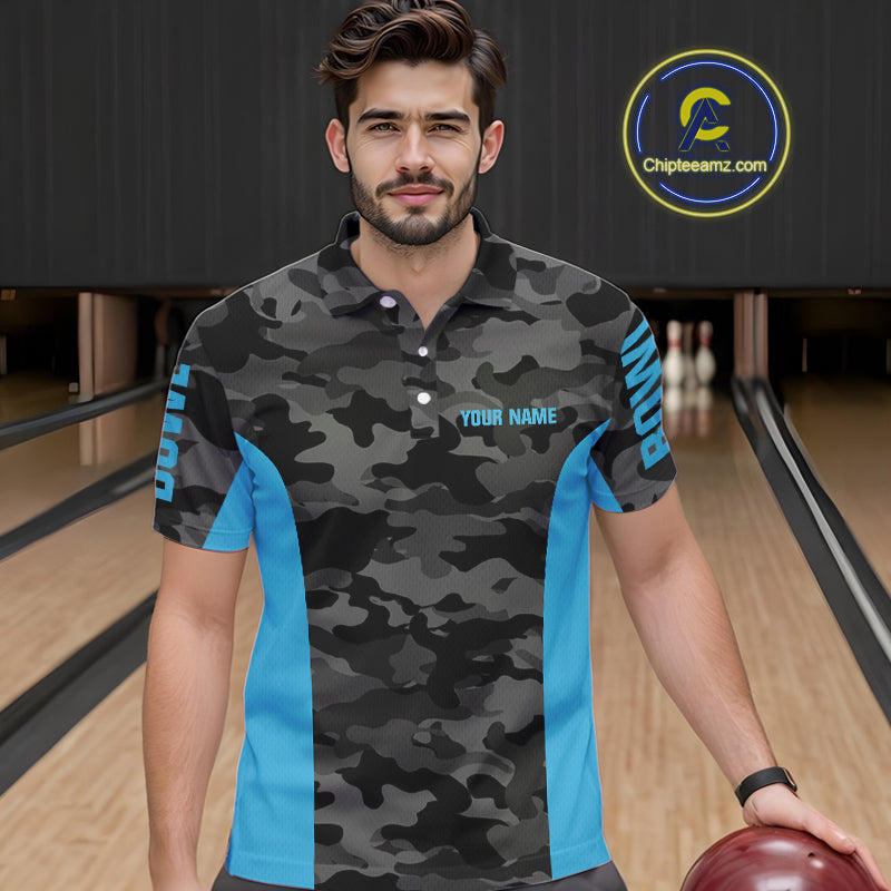 Mens bowling polo, 1/4 zip shirts Custom gray camo Bowling Team Jersey, Bowling League Shirt | Blue NQS11119