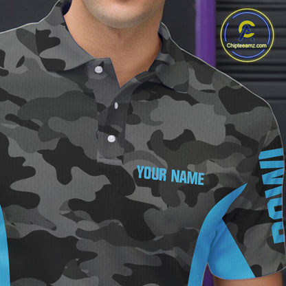 Mens bowling polo, 1/4 zip shirts Custom gray camo Bowling Team Jersey, Bowling League Shirt | Blue NQS11119