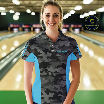 Women bowling polo, 1/4 zip shirts Custom gray camo Bowling Team Jersey, Bowling League Shirt | Blue NQS11119