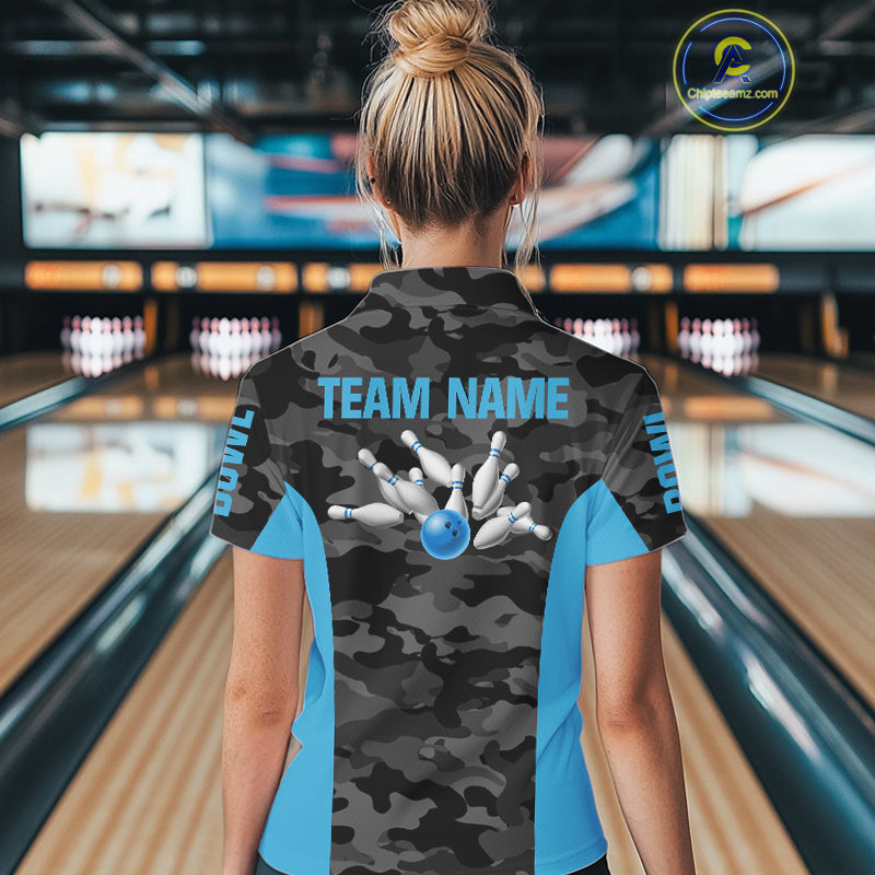 Women bowling polo, 1/4 zip shirts Custom gray camo Bowling Team Jersey, Bowling League Shirt | Blue NQS11119