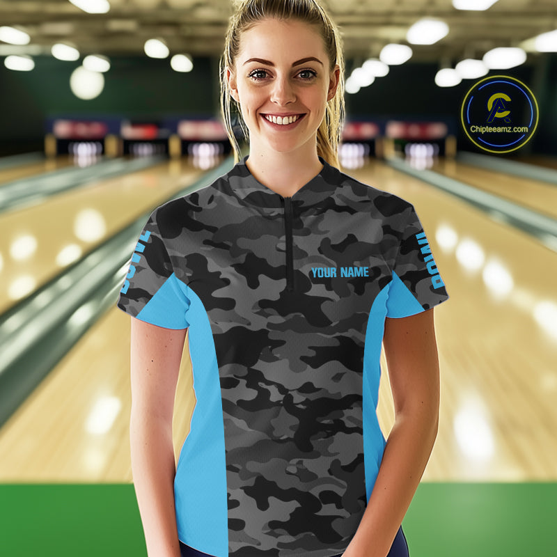 Women bowling polo, 1/4 zip shirts Custom gray camo Bowling Team Jersey, Bowling League Shirt | Blue NQS11119