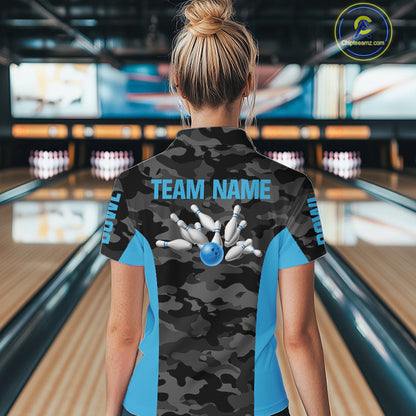 Women bowling polo, 1/4 zip shirts Custom gray camo Bowling Team Jersey, Bowling League Shirt | Blue NQS11119