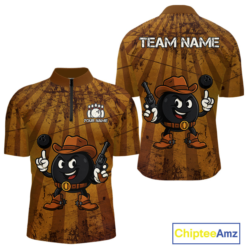 Funny Bowling Cowboy vintage retro Bowling Shirts for Men Custom Team mens bowling outfits | Brown NQS11128
