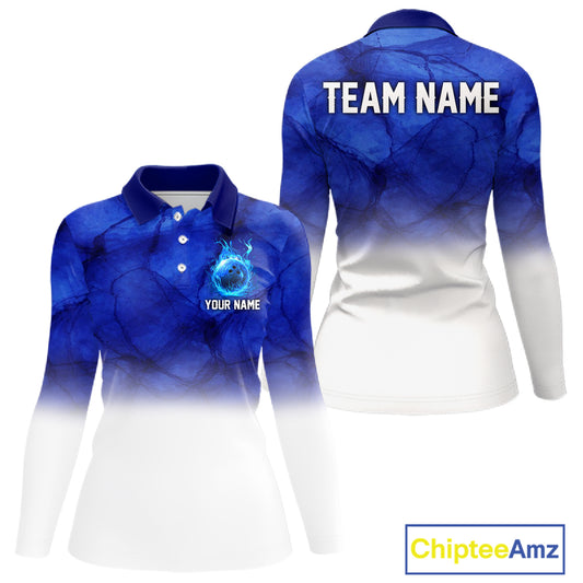 Blue and White Bowling Polo, Quarter Zip Shirt For Women Custom Team Bowling jerseys NQS11321