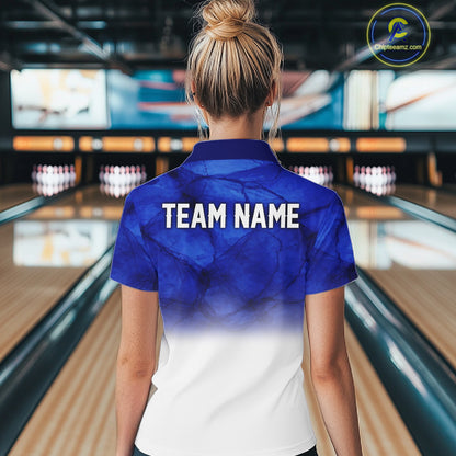 Blue and White Bowling Polo, Quarter Zip Shirt For Women Custom Team Bowling jerseys NQS11321