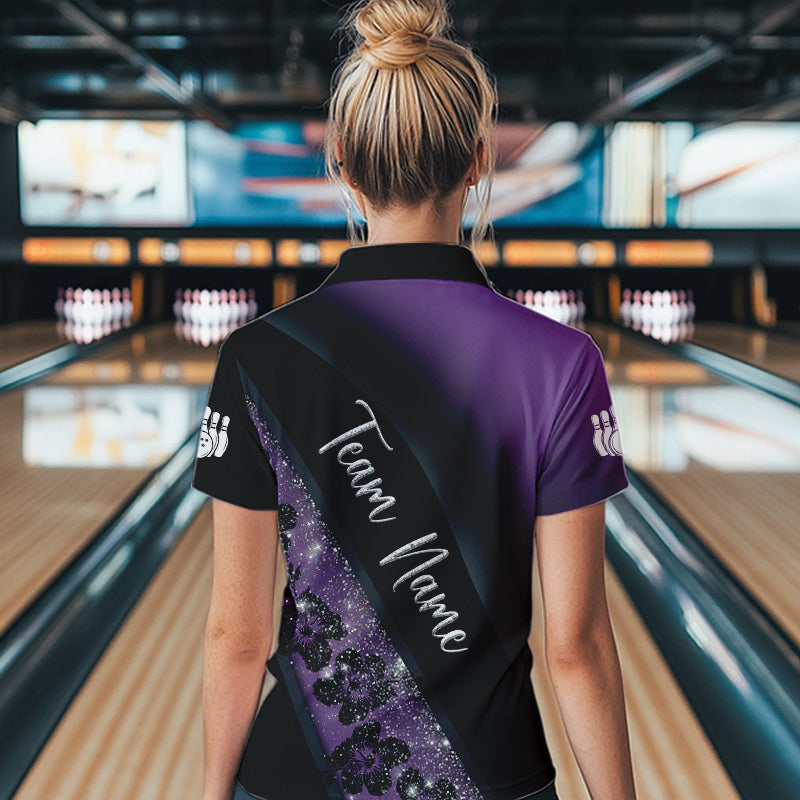 Black and Purple Glitter Flower Bowling Polo, Quarter Zip Shirt for Women Custom Bowling Team Jerseys NQS9432