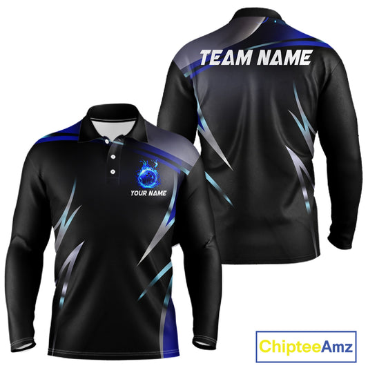 Black and blue Bowling Polo, Quarter Zip Shirts for Men Custom Team bowling shirts with flames NQS11531