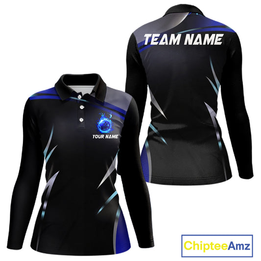 Black and blue Bowling Polo, Quarter Zip Shirts for Women Custom Team bowling shirts with flames NQS11531