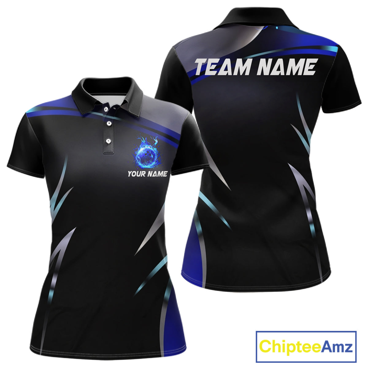 Black and blue Bowling Polo, Quarter Zip Shirts for Women Custom Team bowling shirts with flames NQS11531