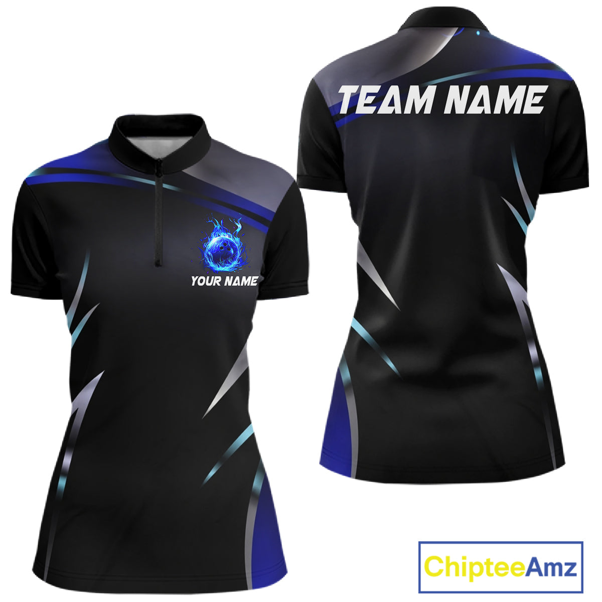 Black and blue Bowling Polo, Quarter Zip Shirts for Women Custom Team bowling shirts with flames NQS11531
