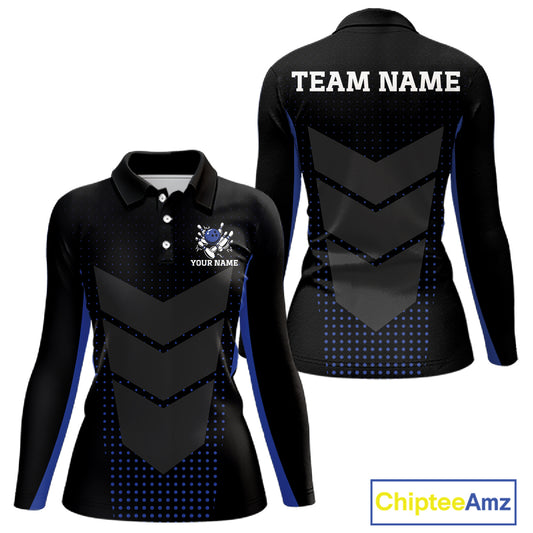 Navy blue and Black Womens Bowling Jerseys Custom Team bowling polo shirts, bowling zip jerseys NQS11532