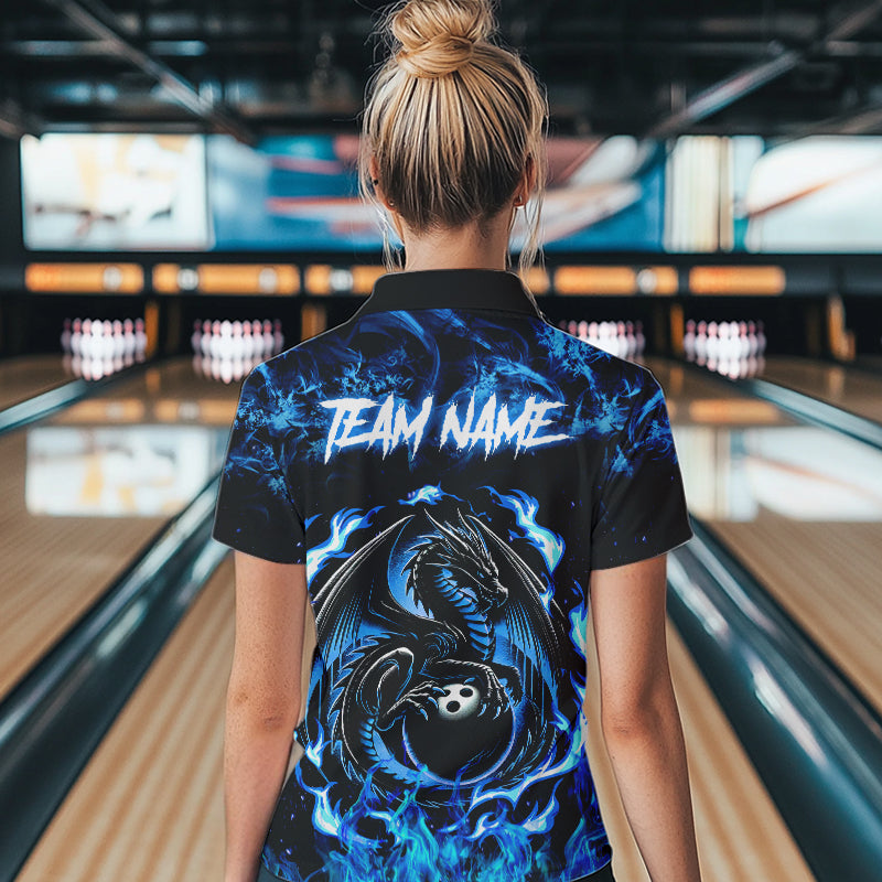 Black and Blue Flame Dragon bowling shirts for Women Custom Bowling Team Jersey, gift for Bowler NQS9607