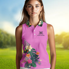 Load image into Gallery viewer, Pink tropical leaf Womens sleeveless polo shirt custom name I am not swearing I&#39;m using my golf words NQS9753