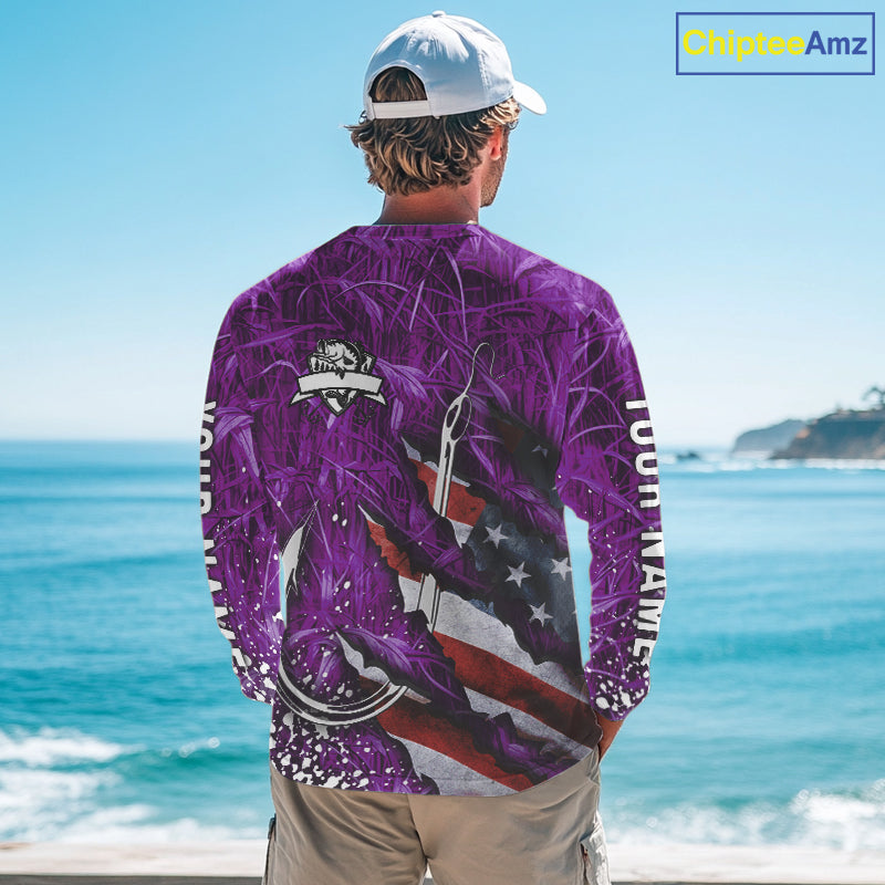 American flag fish hook purple camo custom sun protection performance long sleeve fishing shirt NQS10013