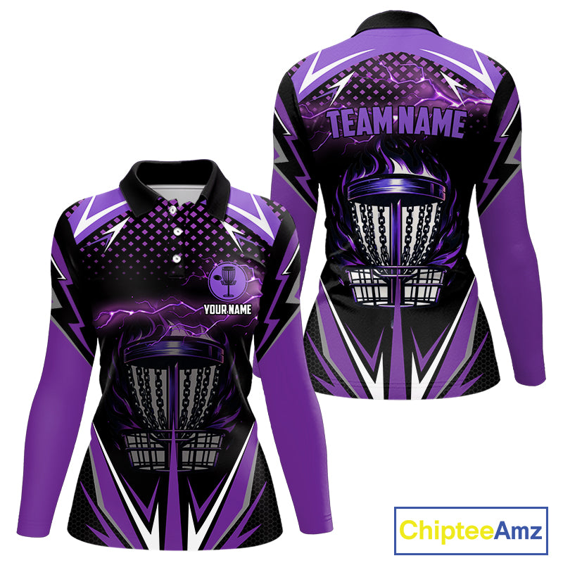 Black Women disc golf polo shirt custom purple fire lightning team disc golf jersey, unique golf gift NQS10173