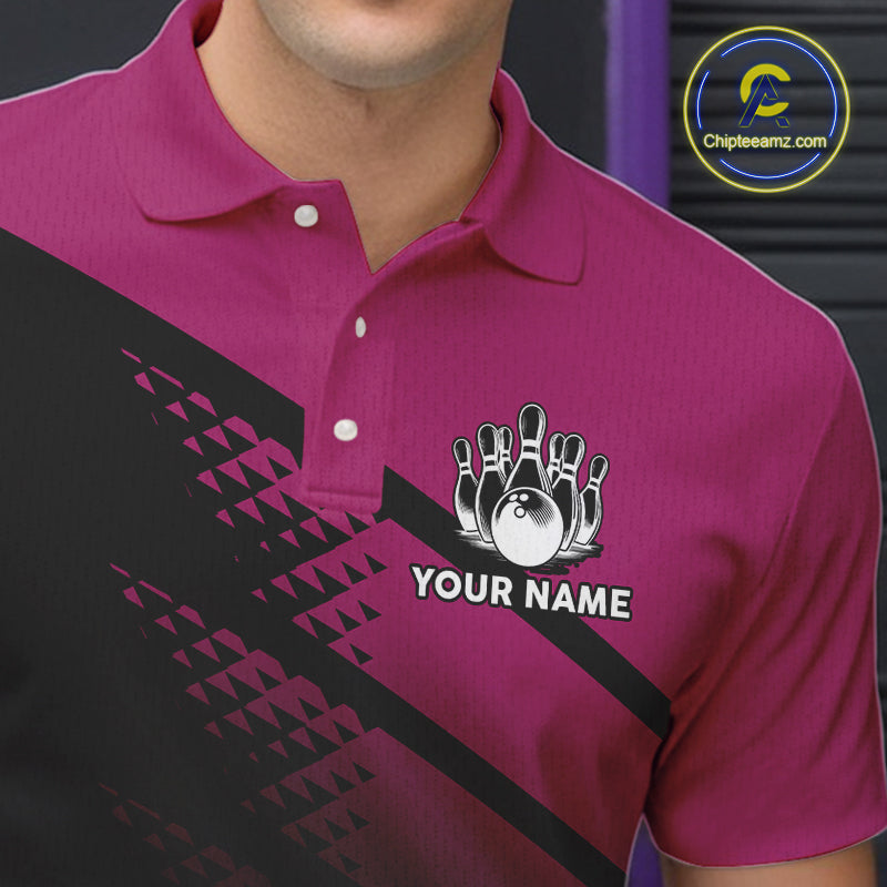 Black and Pink Bowling Polo, Quarter Zip shirts for Men Custom name bowling team league jerseys NQS10177