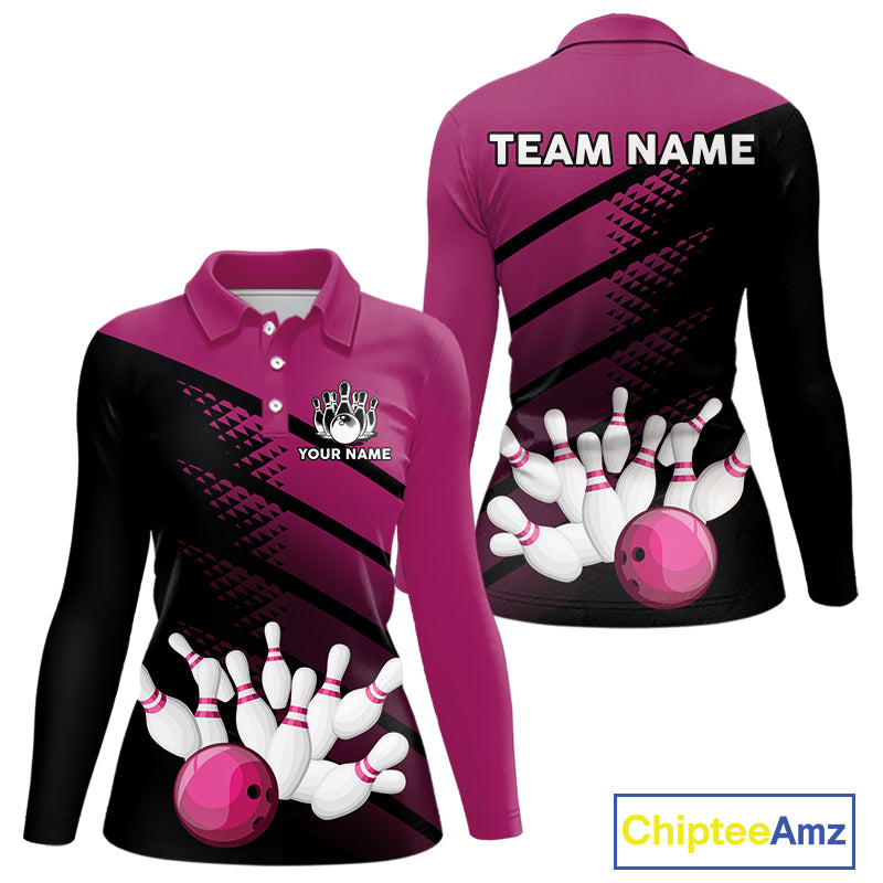 Black and Pink Bowling Polo, Quarter Zip shirts for Women Custom name bowling team league jerseys NQS10177