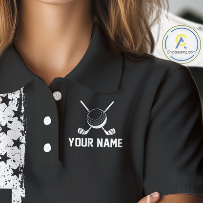 Black and White American Flag Women golf polo shirts Custom name patriotic team golf uniform NQS10018