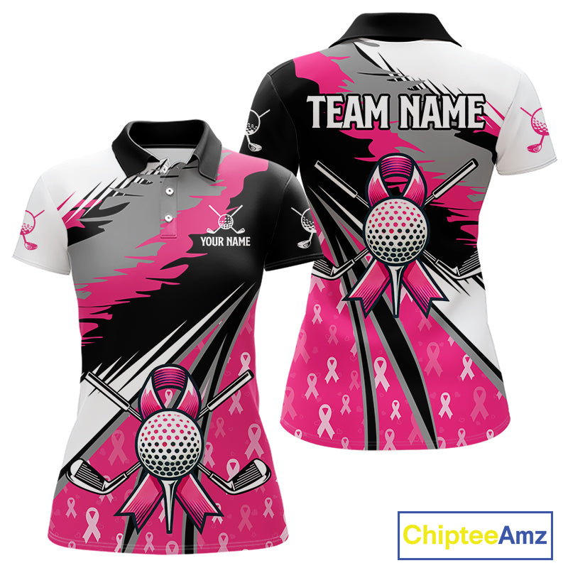 Women golf polo shirt Custom pink ribbon pattern ladies golf clothes, Breast cancer shirt for golfer NQS10516