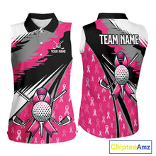 Load image into Gallery viewer, Sleeveless polo shirt Custom pink ribbon pattern ladies golf clothes, Breast cancer shirt for golfer NQS10516