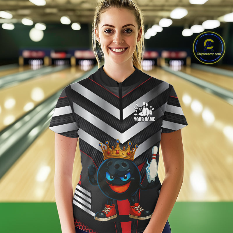 Funny Bowling Shirts Black & Silver Metal Team Women Bowling Polo, 1/4 Zip Shirt Custom bowling gifts NQS10942