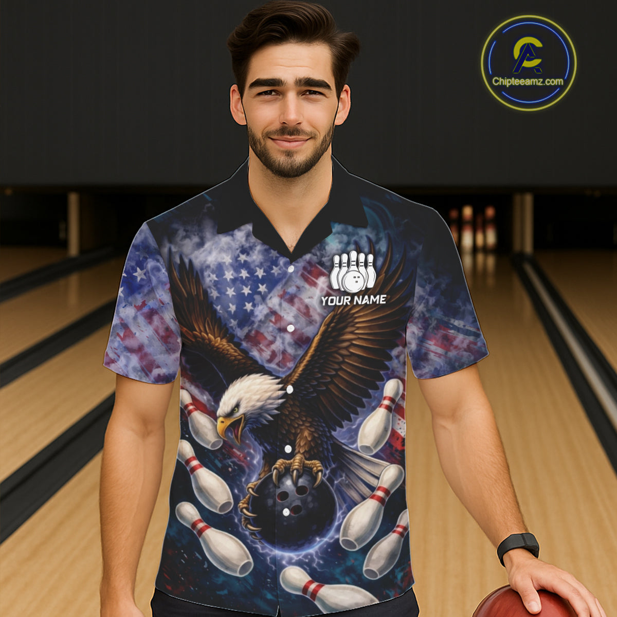 Smoke American Flag Eagle Bowling Hawaiian shirt Custom patriotic Eagle bowling uniforms Team Jersey NQS11540