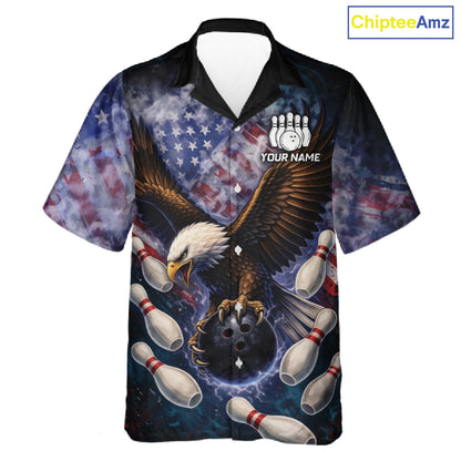 Smoke American Flag Eagle Bowling Hawaiian shirt Custom patriotic Eagle bowling uniforms Team Jersey NQS11540