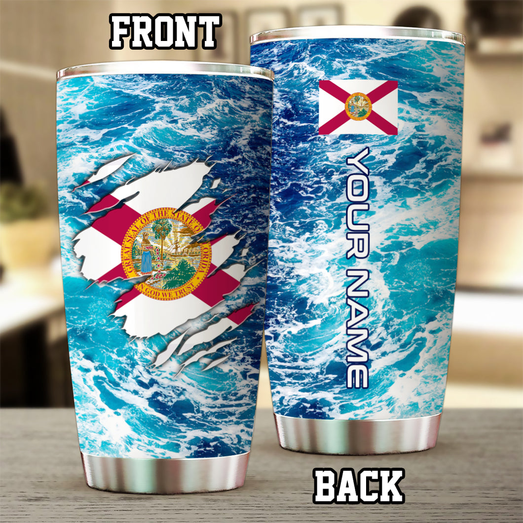 1PC Blue sea wave ocean camo Florida flag Custom Name Florida Fishing Tumbler Cup NQS9903