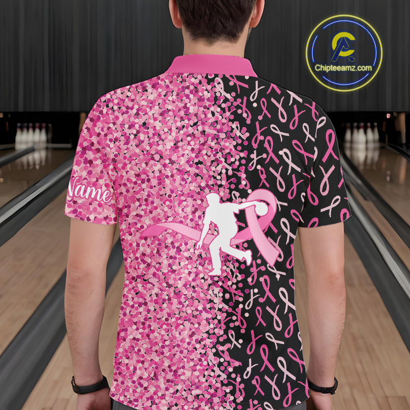 Pink glitter ribbon black Bowling Shirts For Men Custom Breast cancer bowling shirts gift for bowlers NQS10180