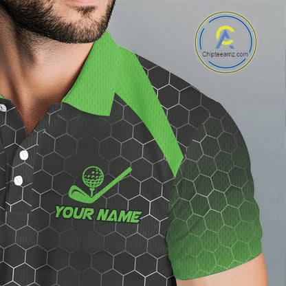 Mens golf polo shirts custom black and green hexagon pattern golf outfits men, cool golf gifts NQS10318