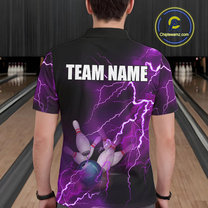 Mens polo bowling shirts Custom purple lightning thunder Bowling Team Jersey, gift for team Bowlers NQS6220