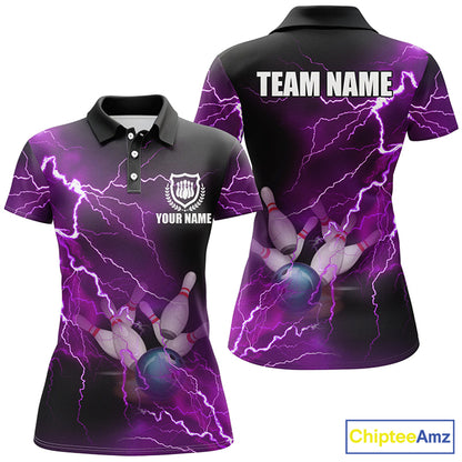 Women bowling polo shirts Custom purple lightning thunder Bowling Team Jersey, gift for team Bowlers NQS6220