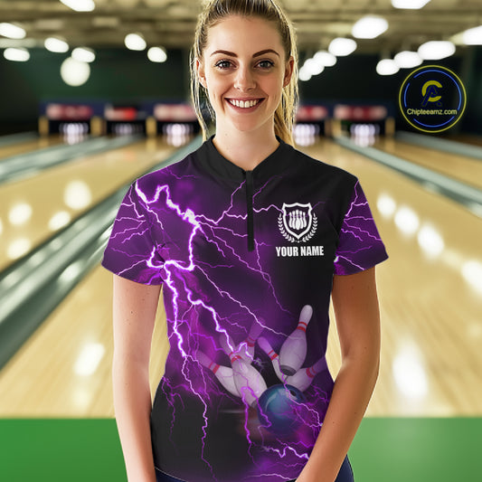 Womens bowling Quarter Zip shirt Custom purple lightning thunder Bowling Team Jersey, gift for Bowlers NQS6220