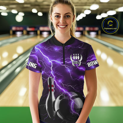 Purple Lightning Thunder Black Bowling Polo, 1/4 zip Shirt for Women custom storm bowling team jersey NQS10528
