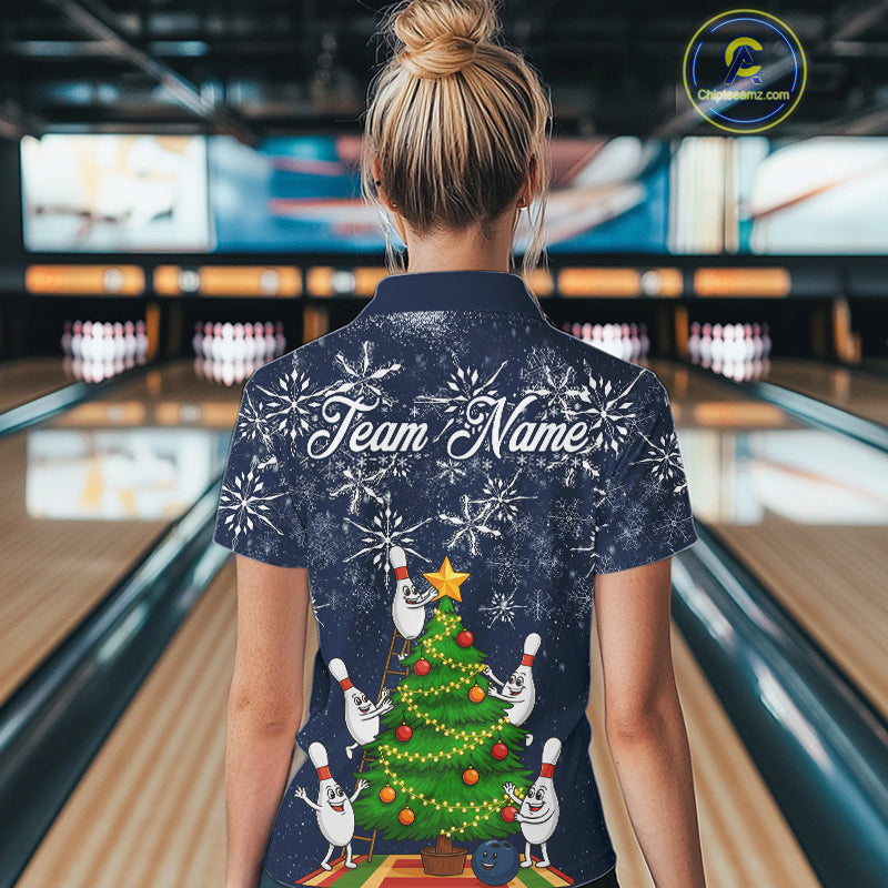 Funny Christmas Tree snowflake Bowling shirts for Women Custom Xmas Bowling outfits for women | Navy NQS10951