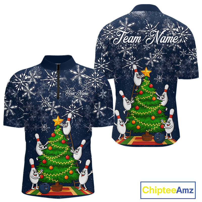 Funny Christmas Tree snowflake Bowling shirts for men Custom Xmas Bowling Outfits Men | Navy NQS10951