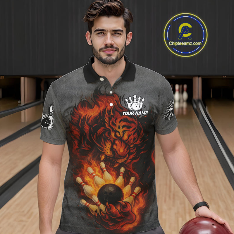 Personalized Tiger Bowling Shirts For Men Custom Gray grunge Flame Tiger Bowling Team Jerseys NQS11137