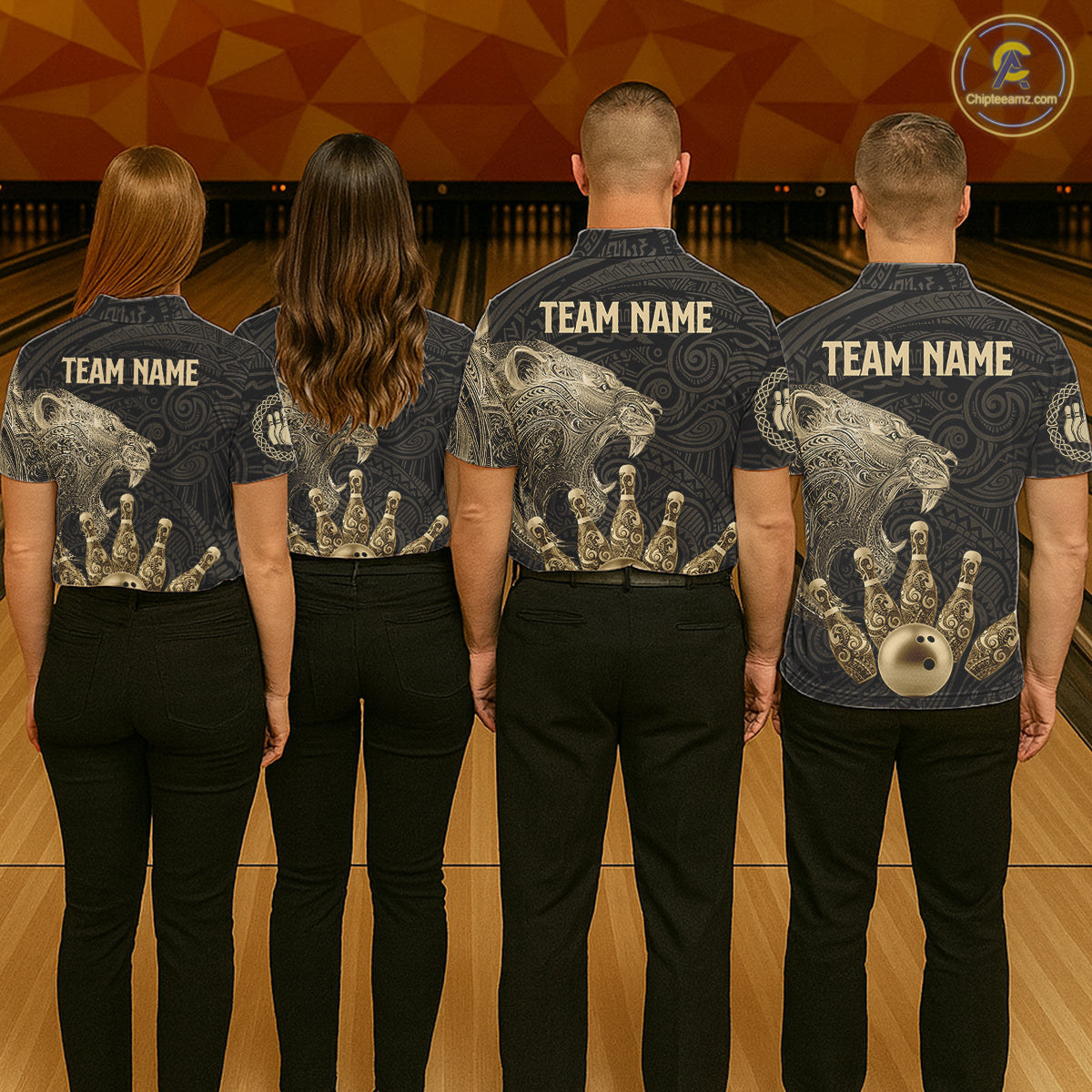 Black and Gold Lion Tribal Bowling Polo, 1/4 Zip Shirts For Women Custom Retro Bowling Team Jerseys NQS11149