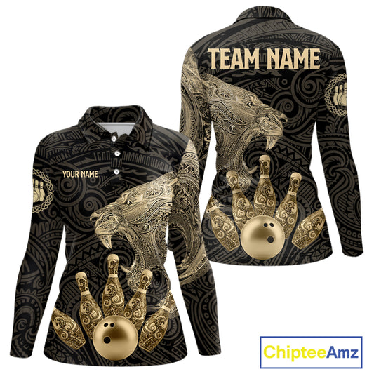 Black and Gold Lion Tribal Bowling Polo, 1/4 Zip Shirts For Women Custom Retro Bowling Team Jerseys NQS11149