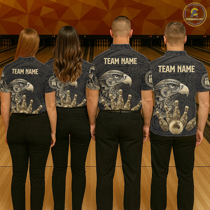 Black and Gold Eagle Tribal Bowling Polo, 1/4 Zip Shirts For Men Custom Retro Bowling Team Jerseys NQS11150